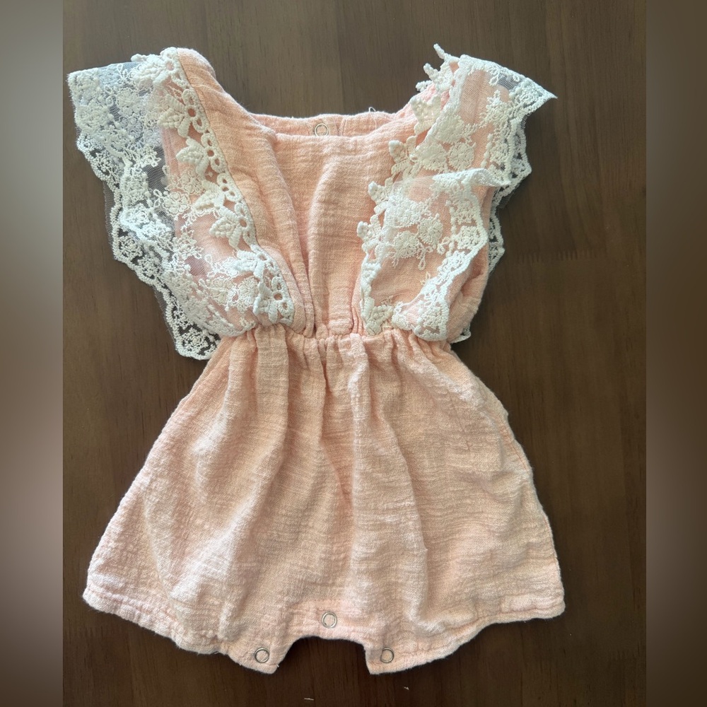 Peach Lace Ruffle Baby Linen Romper